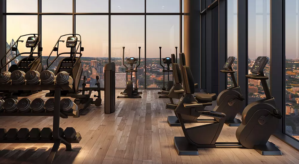 Fitness center skyline at Hanover Brazos Street apartments in Austin TX