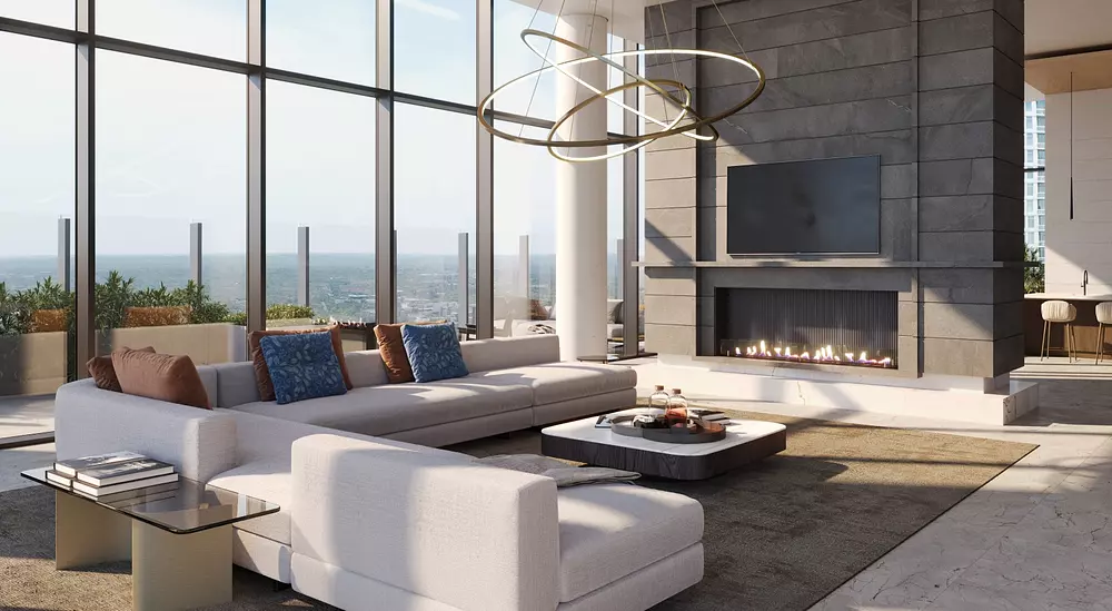 Sky lounge fireplace at Hanover Brazos Street apartments in Austin TX