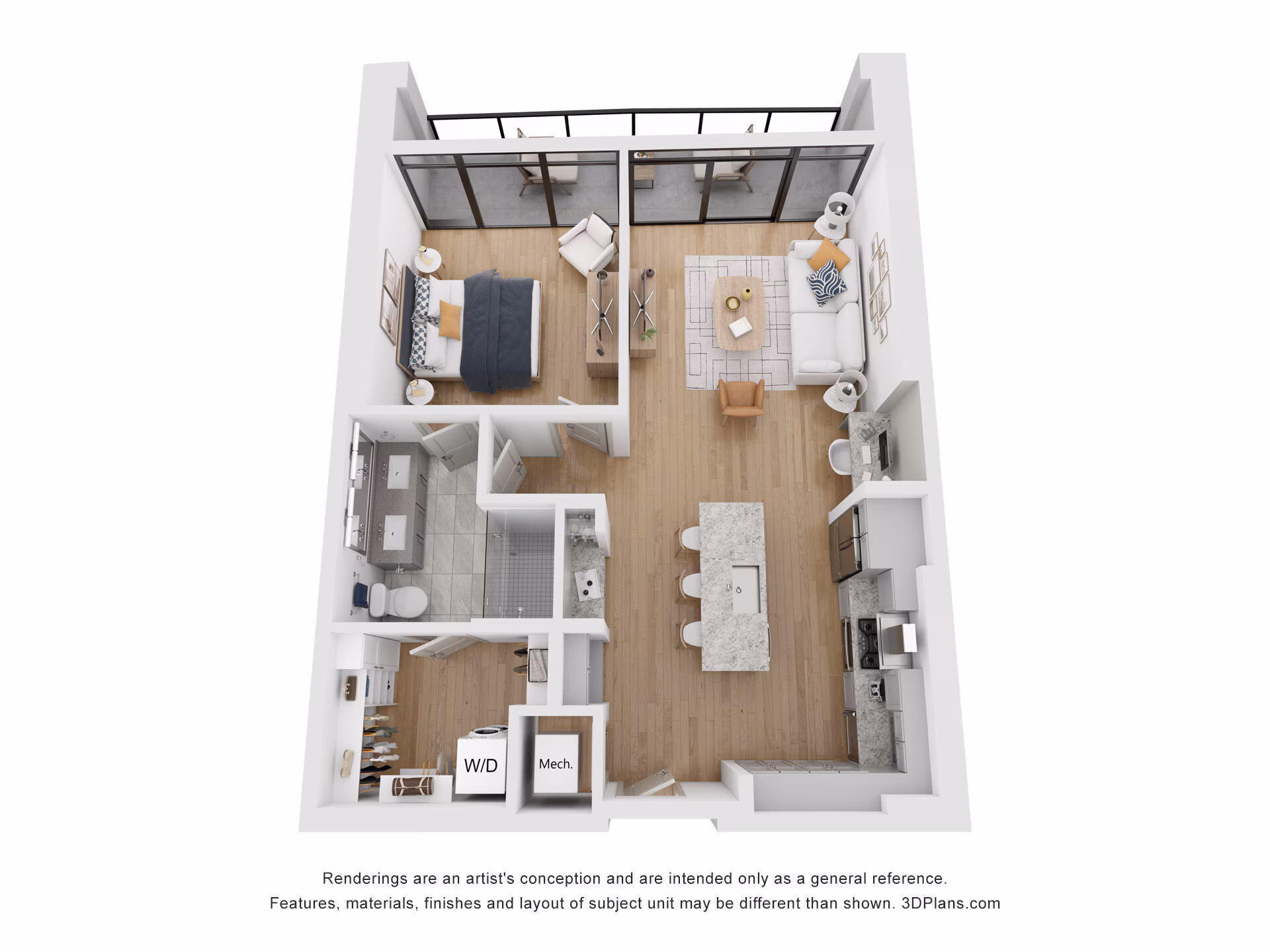 A3 floor plan at 415 Colorado: 1 bedroom, 1 bath, 844 square feet