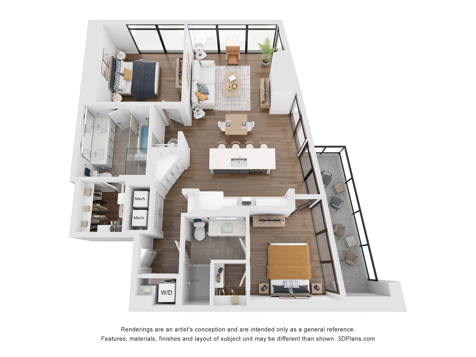 B1 floor plan at 415 Colorado: 2 bedroom, 2 bath, 1,203 square feet