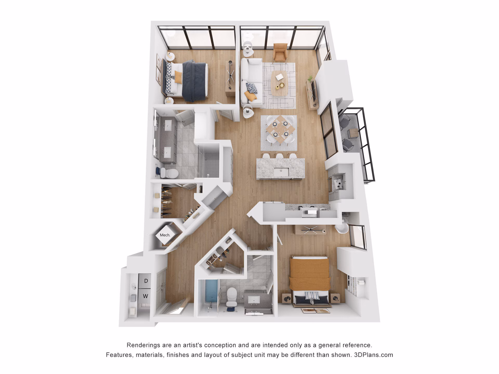 B2 floor plan at 415 Colorado: 2 bedroom, 2 bath, 1,255 square feet