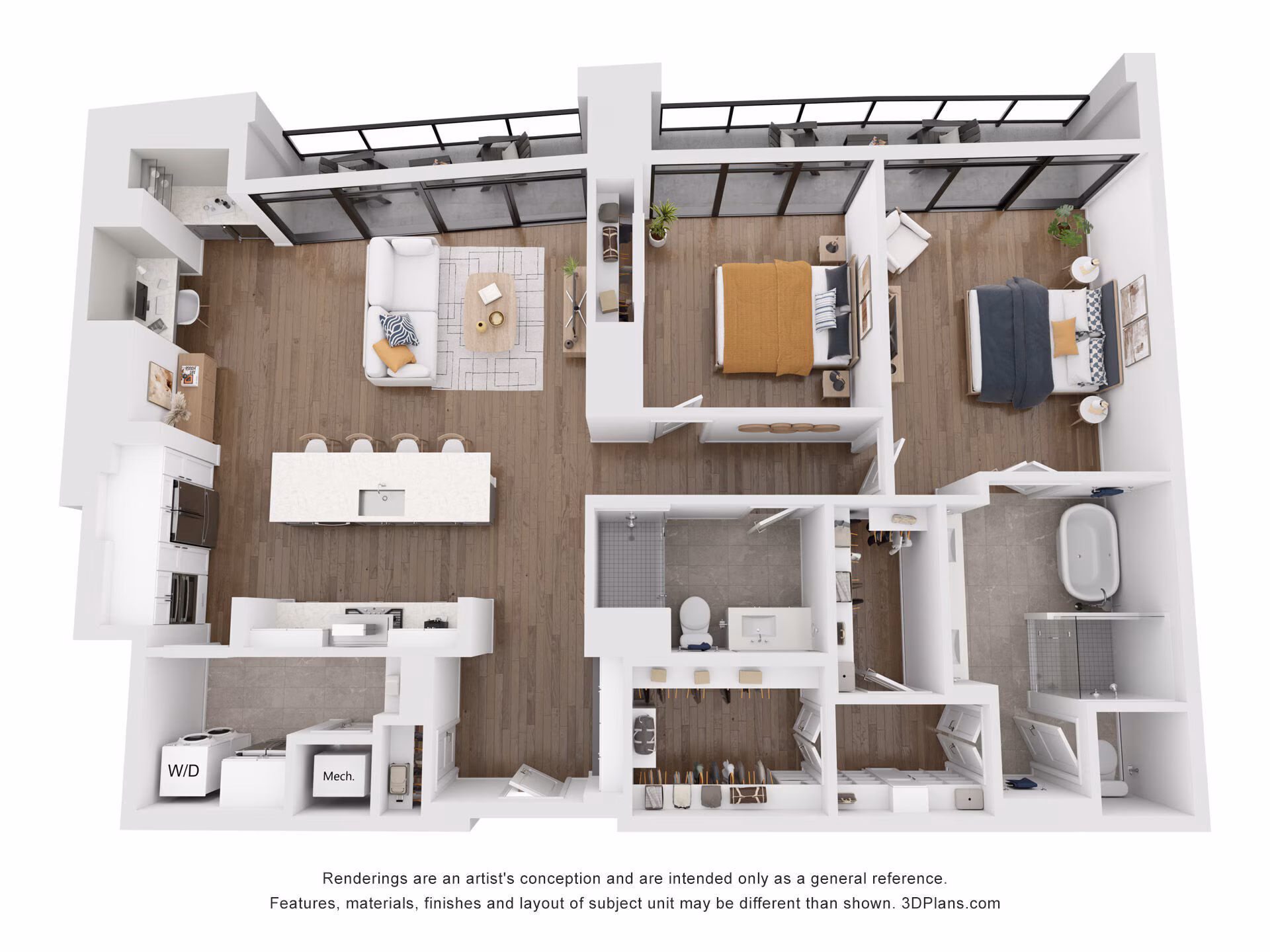 B7 floor plan at 415 Colorado: 2 bedroom, 2 bath, 1,607 square feet