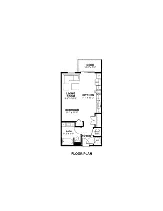E1 floor plan at The Prescott: studio, 1 bath, 539 square feet