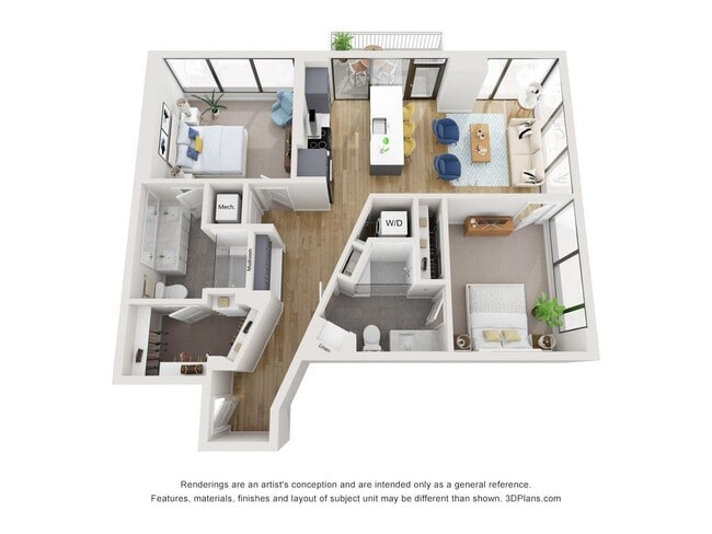B2 floor plan at The Quincy: 2 bedroom, 2 bath, 1,096 square feet