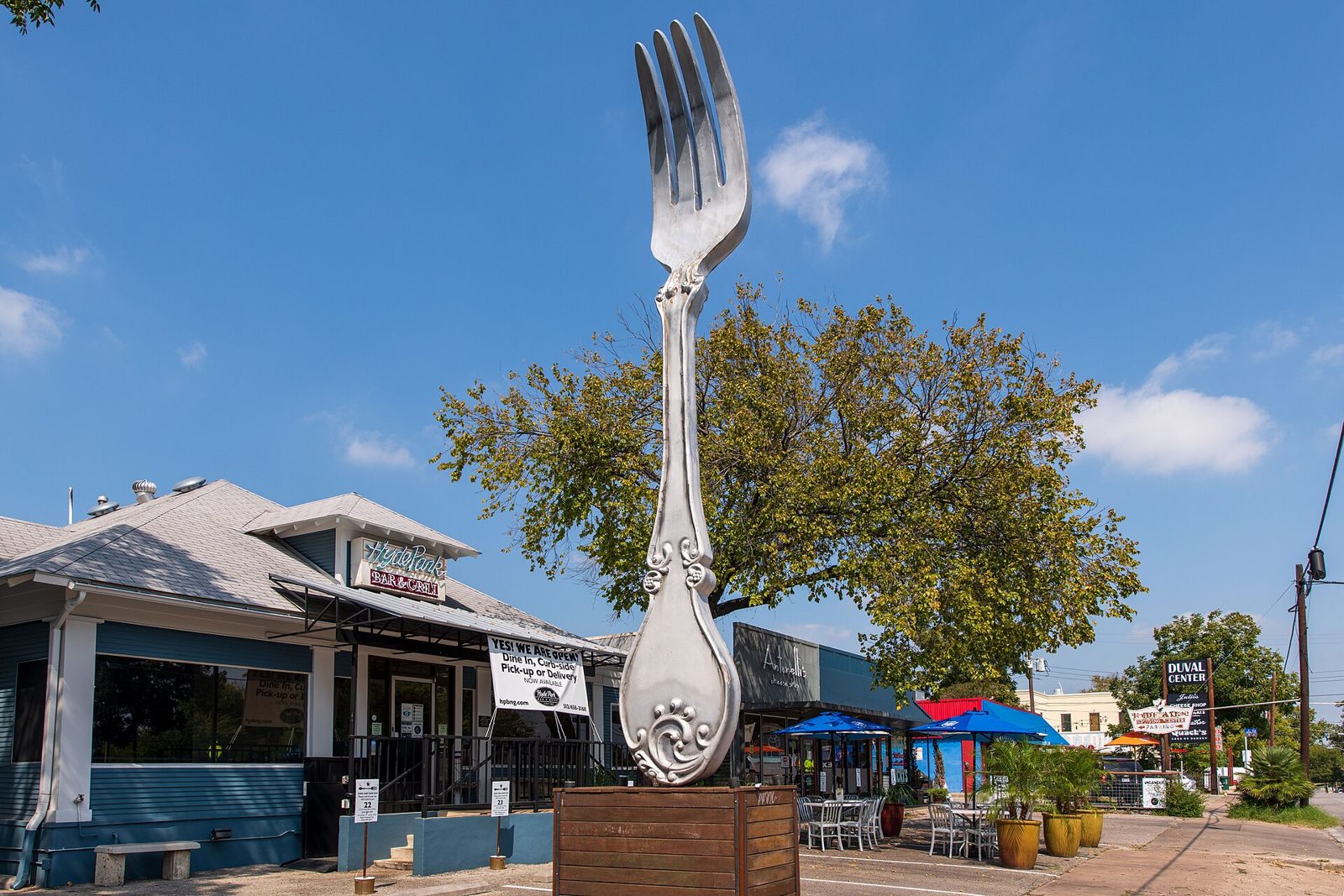 The giant fork outside Hyde Park Bar & Grill on Duval Street in central Austin