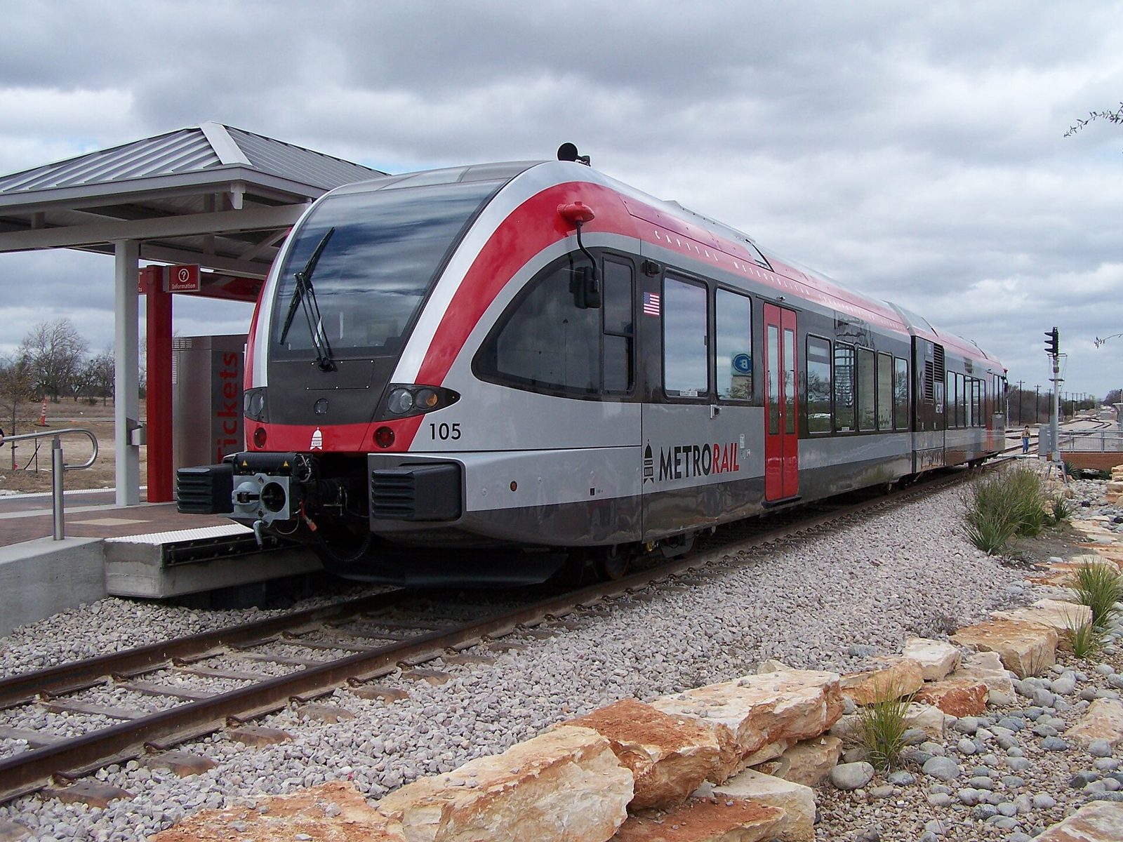 A CapMetro rail train at the Leander station