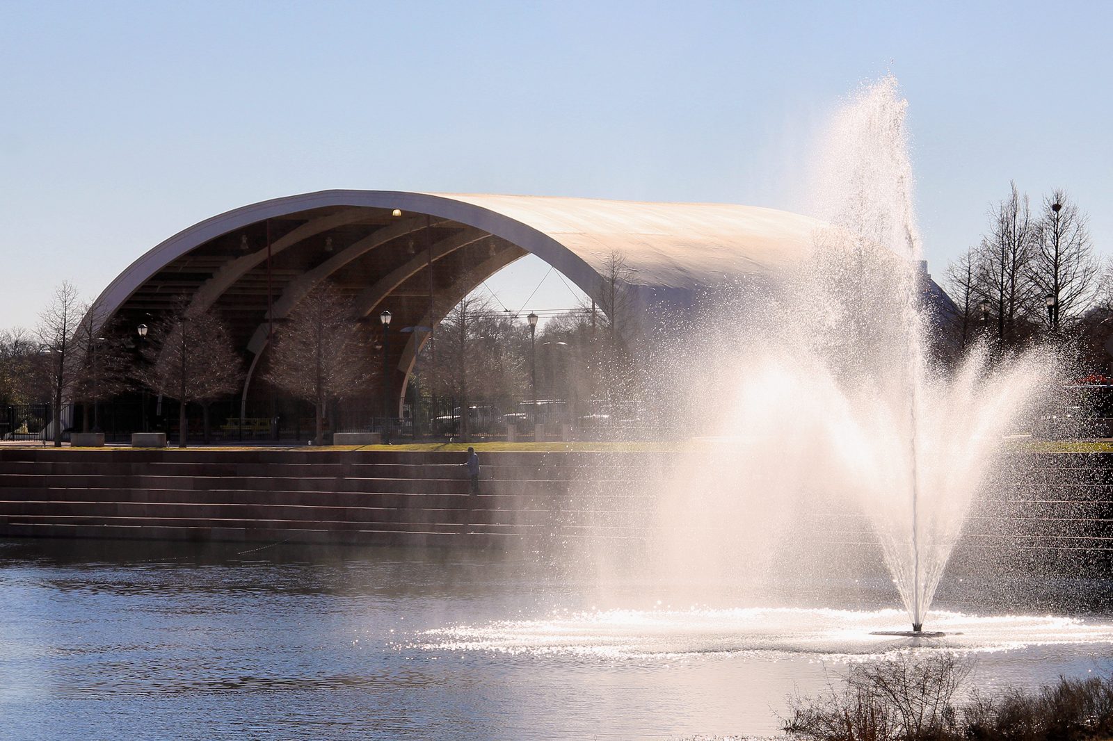 Mueller Lake Park and the historic hangar in Northeast Austin
