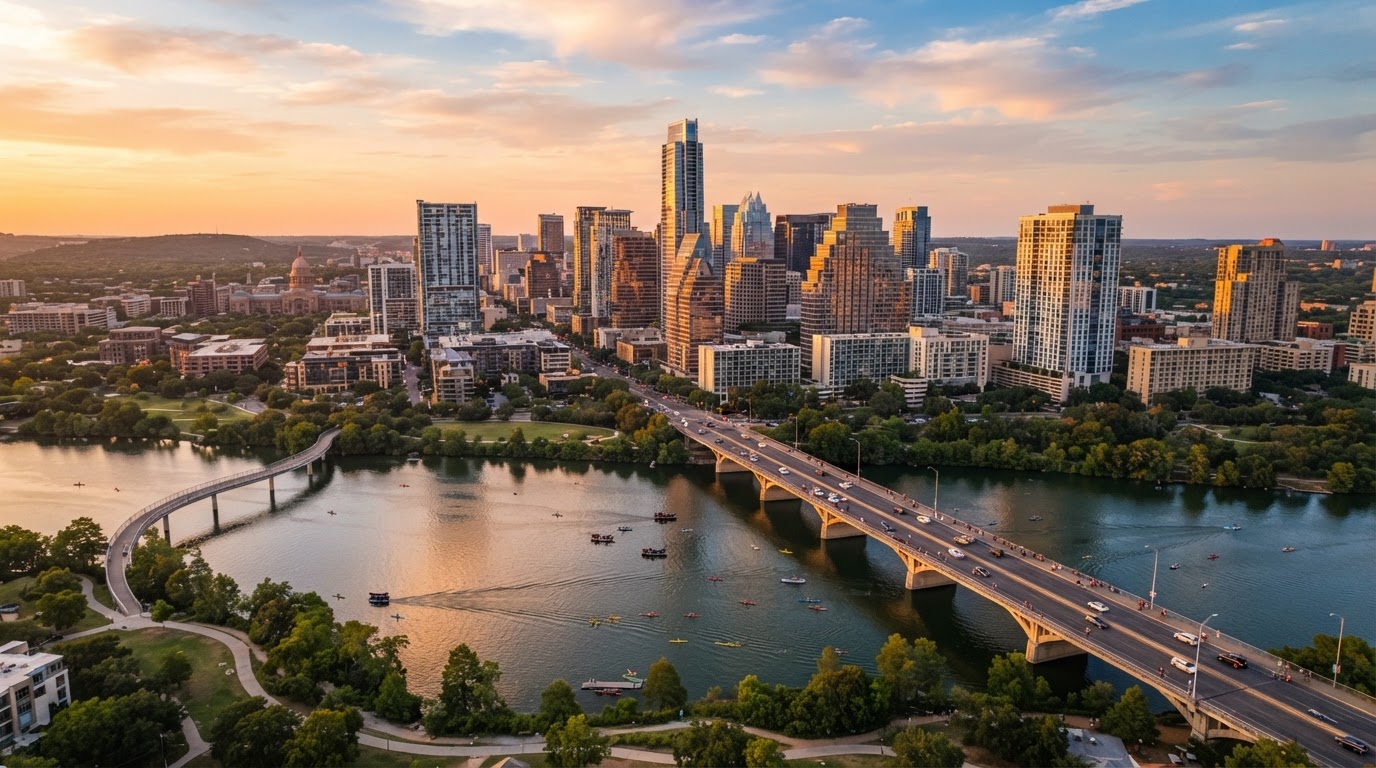 Austin, Texas skyline at golden hour, home to AustinApartments.com's free apartment locating service